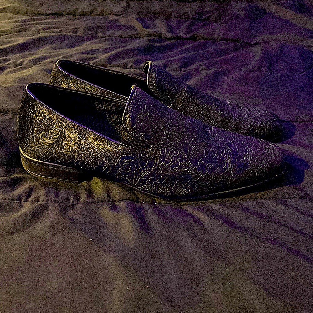 Mens Black Velvet Loafers Paisley Pattern - Shoes